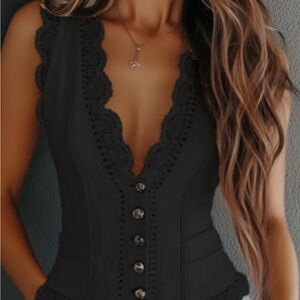 Black Vintage Faux Leather Lace Vest